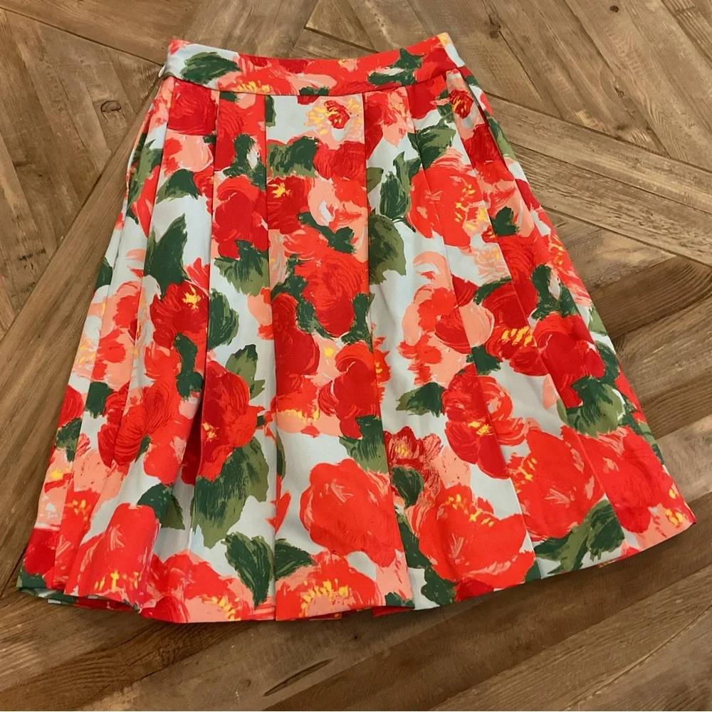 Frances Valentine Peony Print Pleated Skirt Red Floral Jemme Blue Size 2‎ NWT